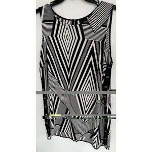 Round Neck Geo-Print Womens Top Large Tall Black Ivory Tunic Slits Casual Career